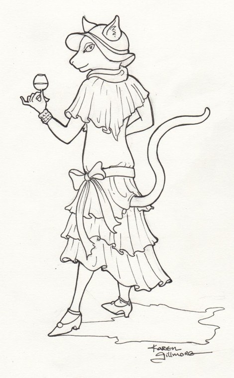 Miss Tabby Tallulah — pen and ink (with still a bit of pencil sketch showing) — that will get cleaned up in the painting stage)