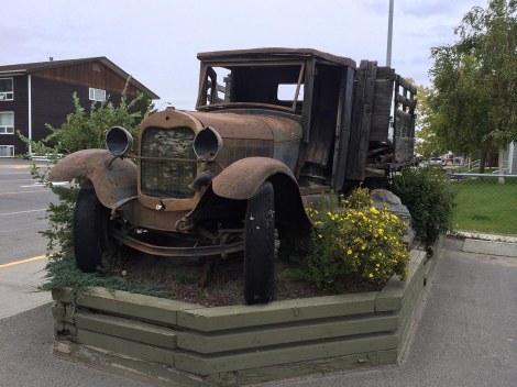 This old beauty still maintains a bit of dignity as a garden ornament in front of the hotel. There was also a giant cared Mountie, about two stories high, but it started to rain and we ran for cover. 