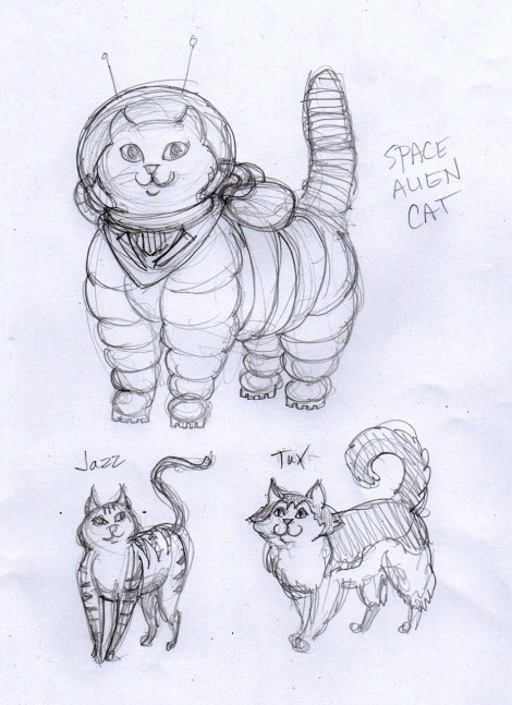 Then I needed to define my characters a bit more. Tux is based on my cat Mak (who has his own comic over there in the sidebar). Jazz is a bit like one of the neighbour cats, with whom the real-life Mak has a love-hate relationship with. However, Tux and Jazz are best of friends. This was also in pencil, again treated to a click on the Auto Contrast.