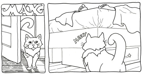 Here's the original line drawing. It's the first two panels of page 1. This was done with Pigma Micron pens on comic art board.