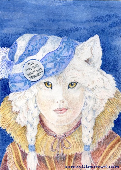 "The Big Bad Wolf Was Framed!" — watercolour, coloured pencil on paper, approximately 7x10 inches