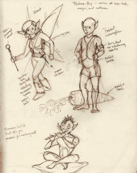 More techno-fay. I brainstormed stuff about their equipment and occupations in writing as I drew them.