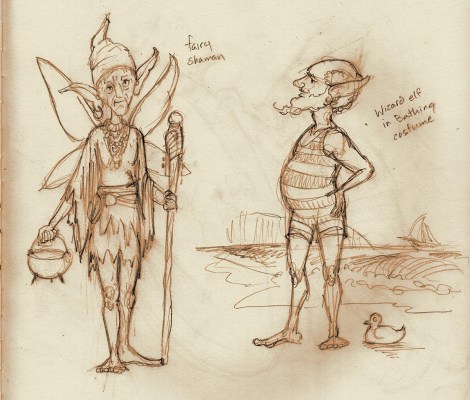 The professor started life as one of a series of sketches of techno-fay — sort of steampunk elves. They had magic, technology, and nature, and used it all.