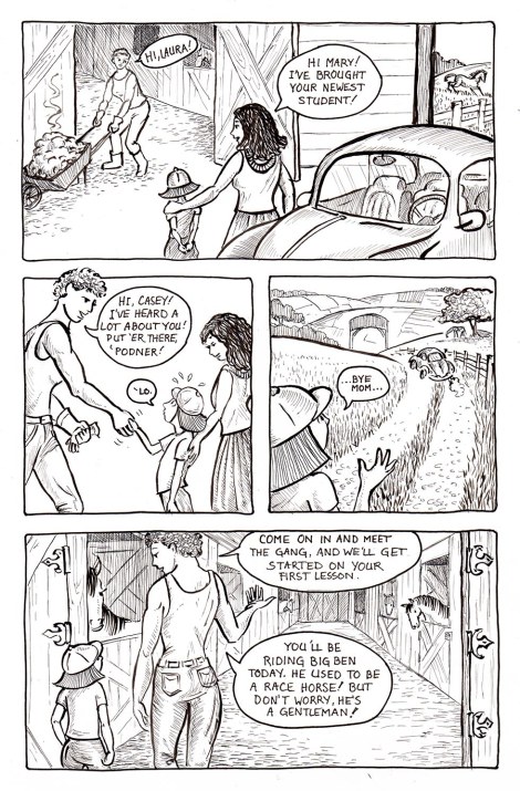 The contrast between the size of the little girl here and her new riding teacher are deliberately exaggerated to emphasize the little girl's vulnerability and the teacher's strength.