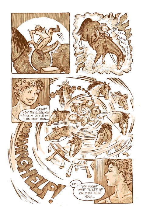 Here's the page that preceded the dizzy horse and rider above! Speed lines and multiple partial views show just why Casey and Ben get so dizzy. In the panel at the top right, the panel border itself give an indication of impending dizziness as Casey discovers how tall horses are.