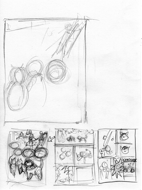 This is the full sheet of paper, which gives you a sense of the size of the thumbnails at the bottom.  The larger sketch was another attempt at the first panel that I didn't finish.