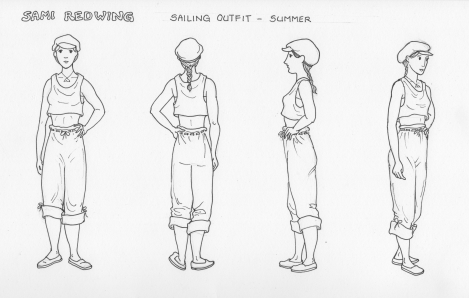 This is Sami, dressed to go to sea (that's a bit of a spoiler, but not too much). Her costume is practical for hot weather, loose but not apt to get in the way. The pants roll down for cooler weather . Her shoes are canvas coated with a kind of flexible tree sap, like rubber.