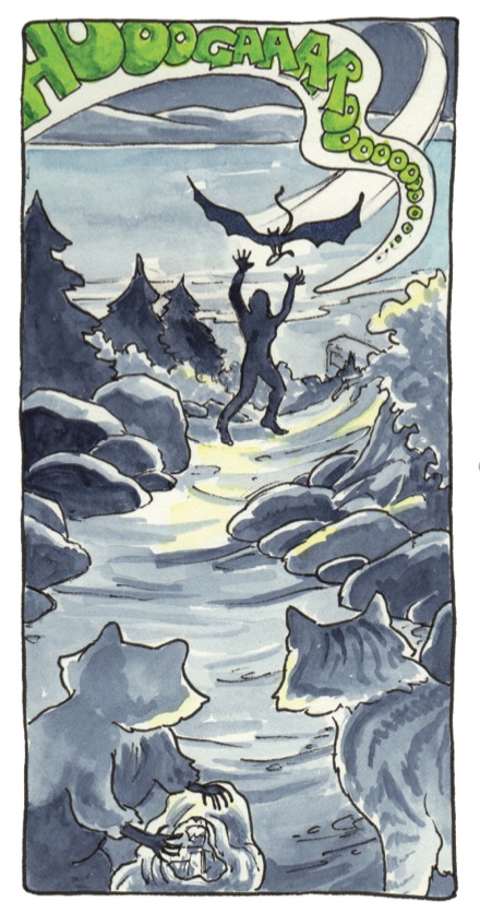 The Sasquatch's cry is colour-keyed to her smell (which kind of has a life of its own). Rather than put it in a dialogue balloon, I've treated it as somewhere between dialogue and a sound effect, with free-form white space surrounding it, tapering to a tail pointing at her mouth.