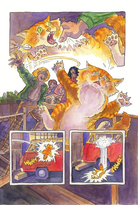 This panel contains a lot of different ideas discussed here: speed lines and motion lines from Sven's arm as he tosses poor Spam; a bleed on the lower half of the page; inset panels; a vignette effect on the main scene as well as the transition from the top panel; imagery being used as a backdrop for panels; sound effects, and a "dust" cloud.