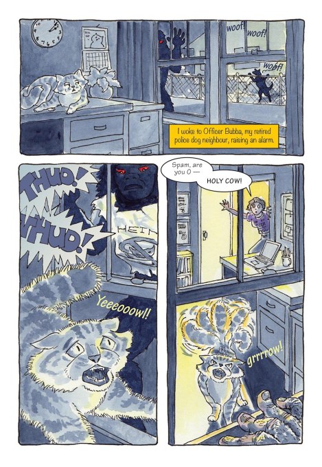 The sound effects here are two kinds; a noise (thud), and utterances (woof, yeowl, growl). Notice Spam's switching tail here, too, created by overlapping multiple images.