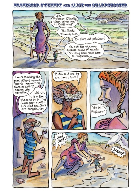 The first panel has an example of a continuing conversation with connected balloons. In panel two, I had the challenge of the disparity of heights, so I had to leave room for the tails of both balloons to sort of circumnavigate each other.