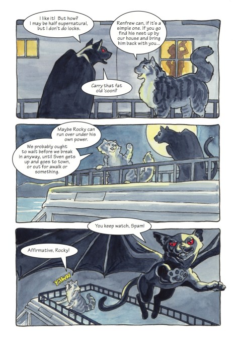 There was a fair bit of conversation to fit into the two upper panels here, so I made sure, script in hand, that I had enough space for the lettering (which I put in later in InDesign) as I planned the panels. Rocky's last remark, bridging the last two panels, seems to leave behind the second panel and pop out of the third, as does his paw.