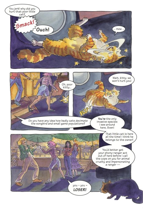 Some of the conversation in this panel is happening "off-camera"; the visual focus is on poor Spammy, recovering from the indignity of being tossed into a parked car, but the conversation is all from the people. I chose to leave most of the tails off of the balloons to give the effect of disconnected voices being heard by Spam in his swoon.