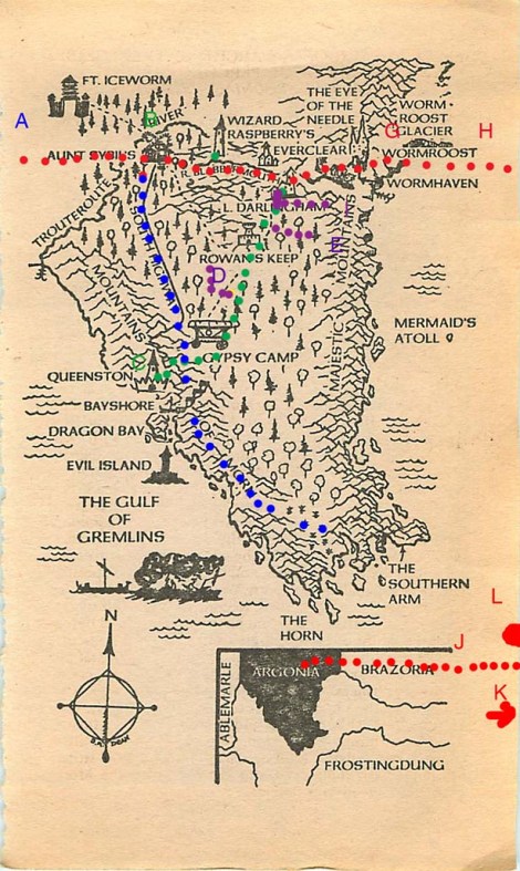 The original version of the map, by Doug Dean, with the author's railroad routes laid out in dots.