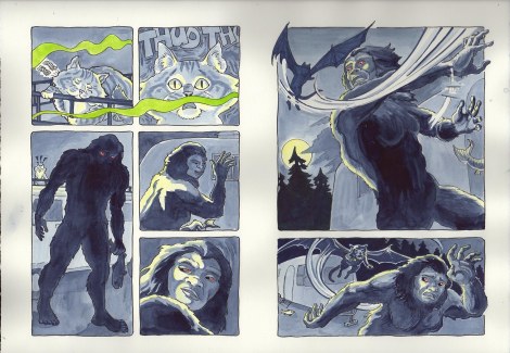 Page 30-31 original page from Spam and the Sasquatch (irregular colouring in the margins is due to shadows from the slight buckling of the paper from the watercolour).