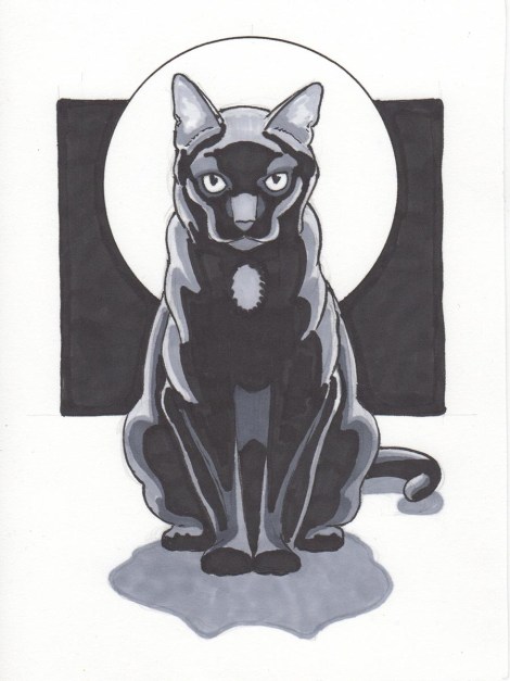 I decided to try using markers to get a more even gradation in the grey areas and speed things up a bit from the crosshatching. I used Prismacolor double-ended markers, in cool greys, 10%, 30%, 50%, and 70%, because that's what I have (must stock up the in-between ones, I love them so much!). I used a black Prismacolor marker for the background, because it was a lot to cover with the Pentel brush. Unfortunately the coverage isn't as even, but I decided that was OK as it gave a bit of texture. (I'm very good at rationalizing these things!)