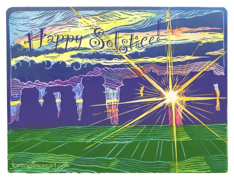 Image: "Portal"  — a linocut from many, many moons ago, back when I was doing a lot of those. The ink was applied in a "rainbow roll" on the plate, then the print was hand-coloured with watercolours.