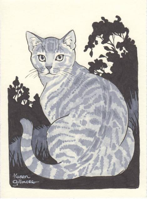 "Tabby in the Garden" — one of my Inktober cats that I hadn't posted here at the time. Brush pen and Prismacolor markers