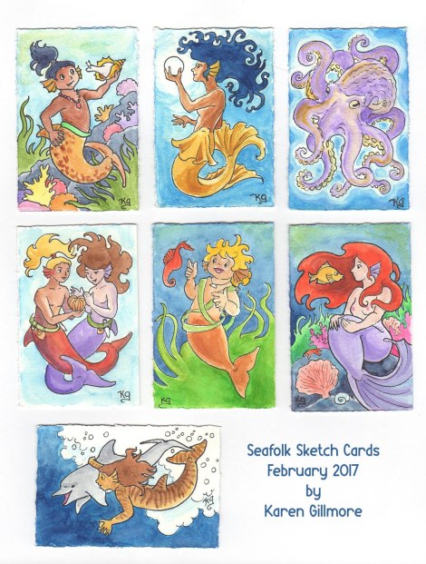 seven sketch cards of sea-folk
