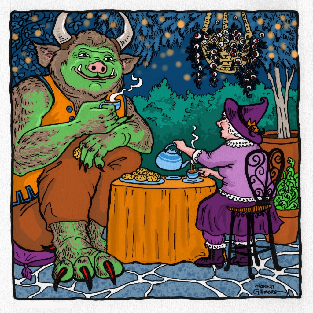 A large green-and-brown furred demon sits on a tiny cushion at a garden table, where a witch is pouring tea for them both and serving biscuits.